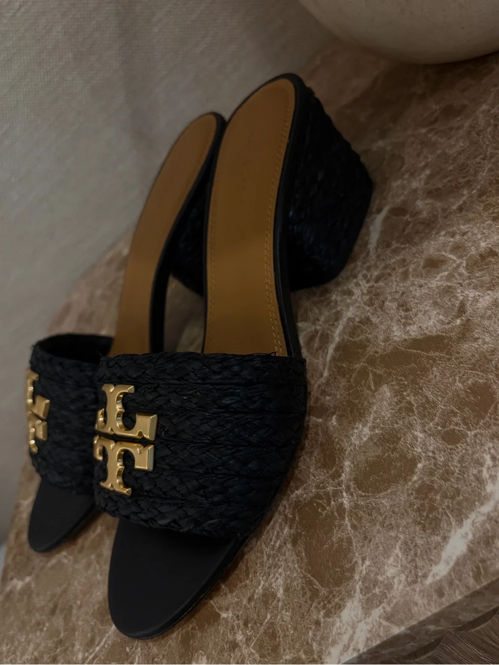 Tory Burch Black Raffia Slide Mules with Gold Logo